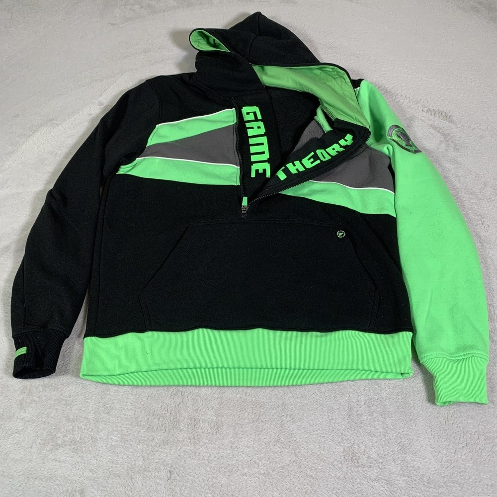Game Theory Hoodie Mens Medium Black Green 1/4 Zip Pullover Fleece Gamer Esports